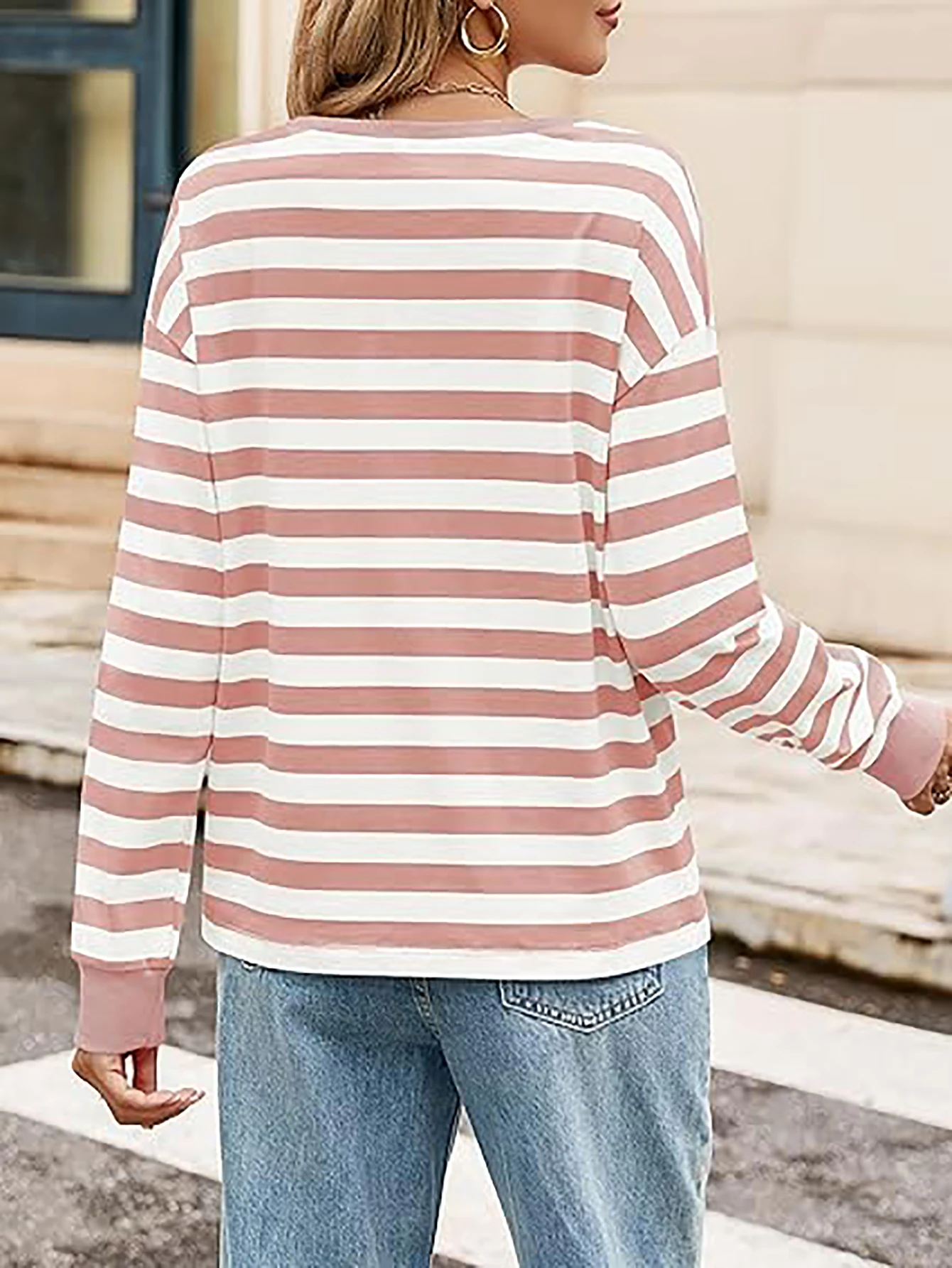 Aamikast Women's Big Size Tops Round Neck Striped Color Blocking Long Sleeve T-Shirt Loose Casual Fall Winter Clothing 1XL-5XL