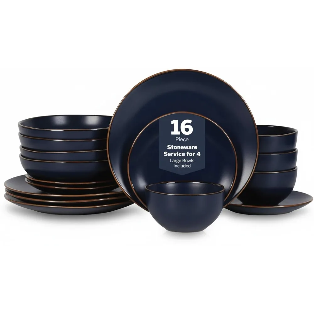 

Modern Stoneware 16-Piece Dinnerware Set for 4, Blue Plates and Bowls, Dishwasher Safe Rustic Farmhouse Style