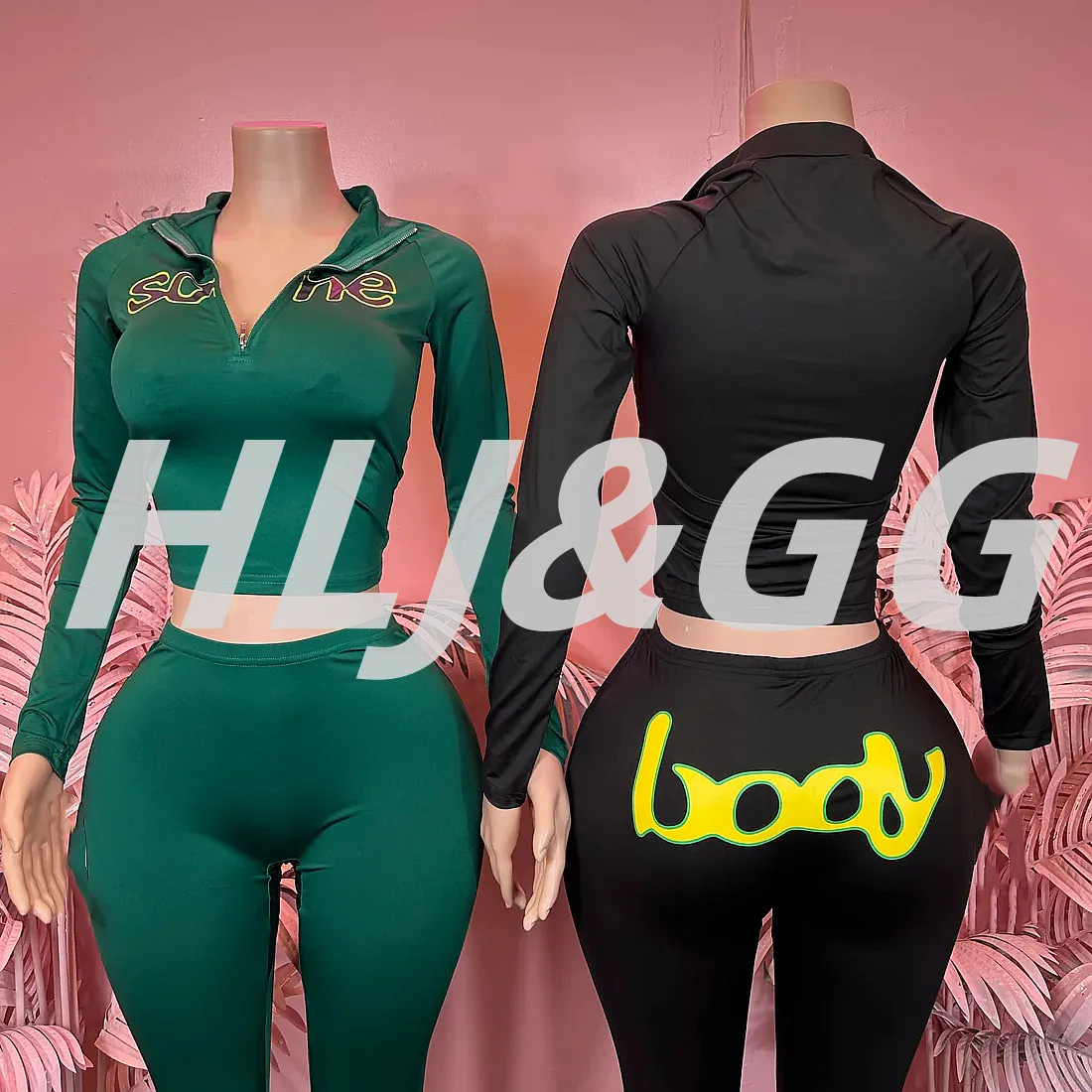 HLJ Autumn New Fashion Letter Print 2 Pieces Set for Woman  Zip Short Sleeve Crop Tops + Legging Matching Female Streetwear 2025