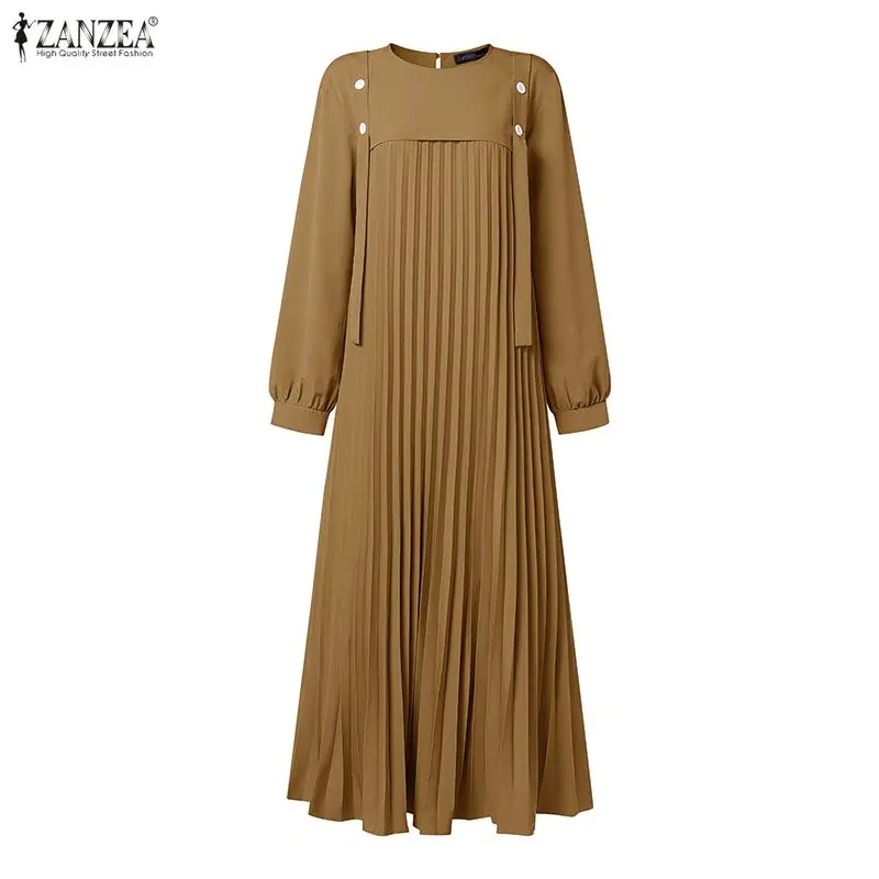 ZANZEA Stylish Women Patchwork Muslim Dress Abaya Elegant O Neck Long Sleeve Pleated Sundress Casual Loose Kaftan Ramadan Robe