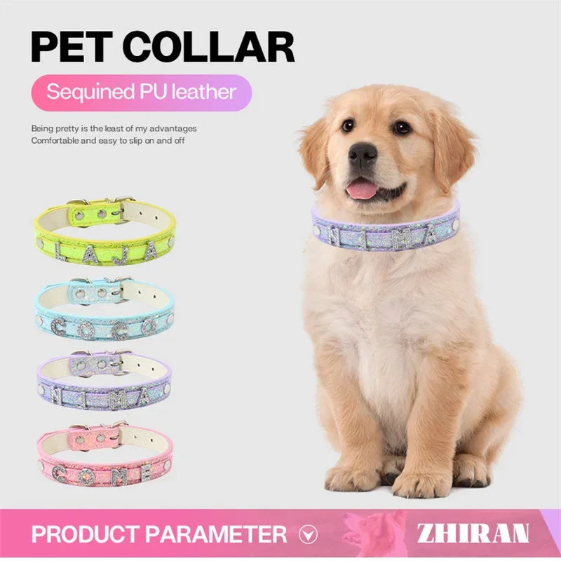 Hot Sale Bling Trendy Diamond Letter DIY Pet Collar Traction Rope Cat Necklace Sequin Decoration Leather Dog Accessories