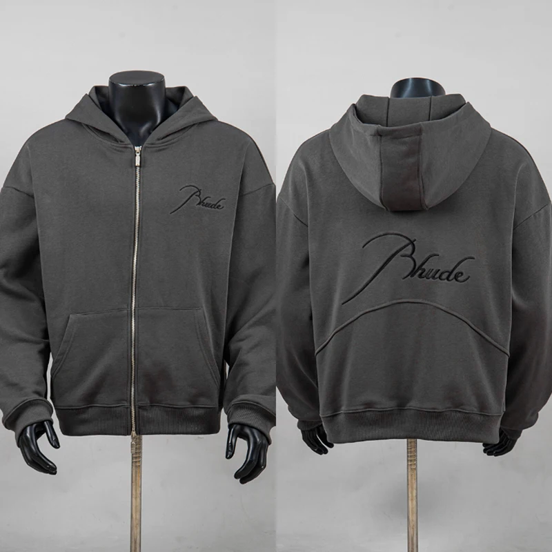 2026 Autumn New RHUDE Men's Zip Hooded Sweatshirt Chest Script Embroidery Logo Streetwear Hoodie