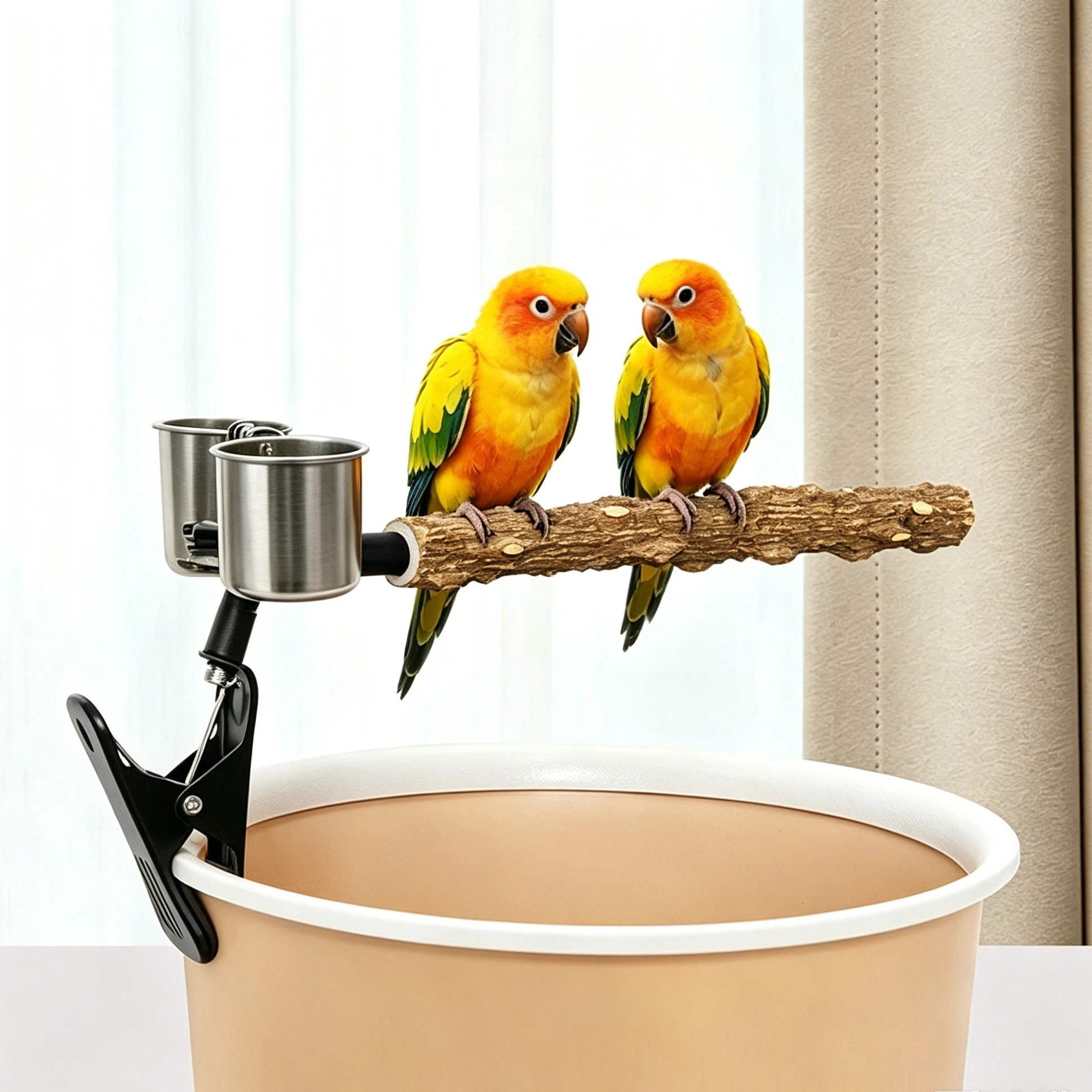 Soporte Ajustable con Clip para Pájaros, Percha de Madera Natural para Ducha, Estación de Entrenamiento para Loros con Cuencos de Alimentación y Recolección de Desechos, Juguete