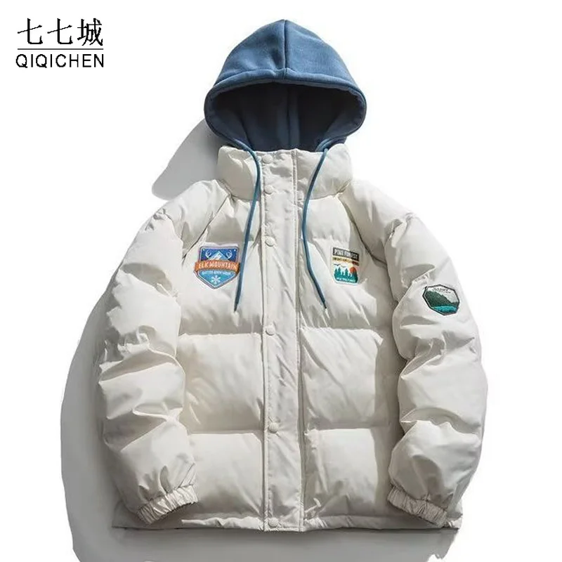 Harajuku Padded Jackets Parkas Men Women Embroidered Patch Fake Two-piece Hooded Thick Jacket Korean Style Oversized Coat Winter