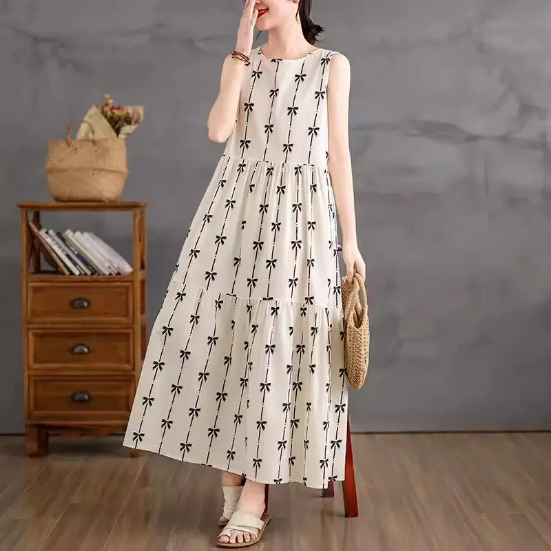 Large Size Minimalist Sleeveless Vest Long Dress High Waist Fashion Summer Women 2024 Slimming And Softness Printed Dress K1070