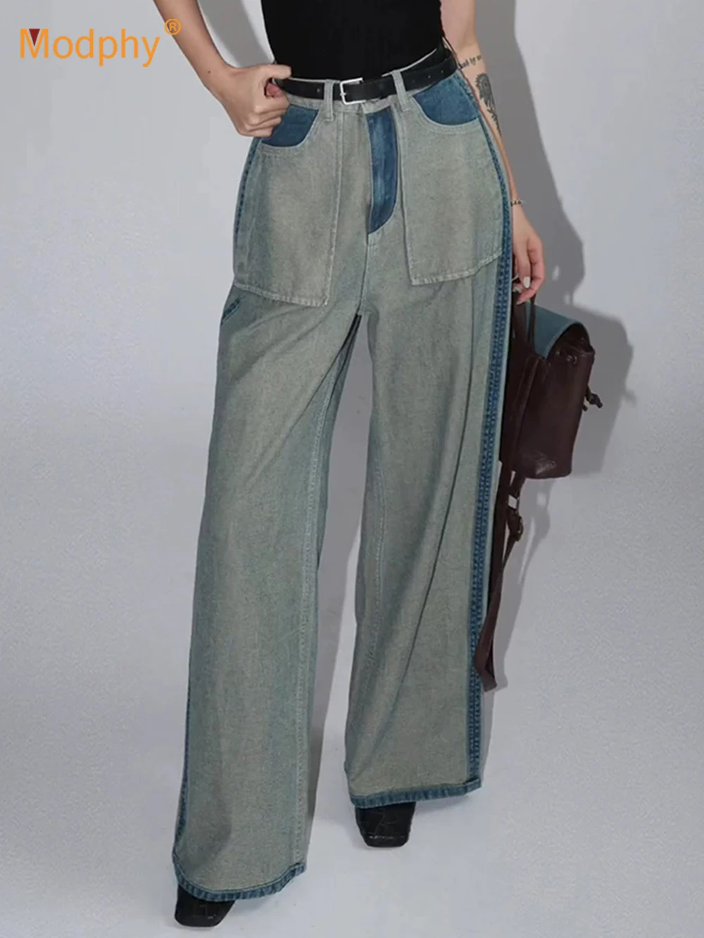 

Modphy Women Jeans High Waist Wide Leg Pants Patchwork Casual Straight Jeans Denim Trousers Streetwear