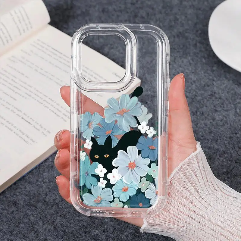 블랙 캣 플라워 케이스 아이폰 17 16 15 14 프로 맥스 13 12 미니 11프로 XR 7 8 플러스 충격 방지 커버 방진 케이스