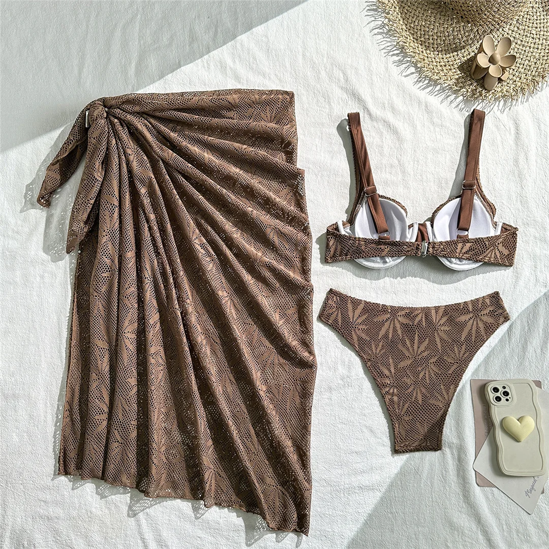 Mit Sarong, Bügel-Bikini, Damen-Badeanzug, Damen-Bademode, dreiteiliges Bikini-Set, brasilianischer Badeanzug, Badebekleidung, Schwimmbekleidung V7936 – Detail 19