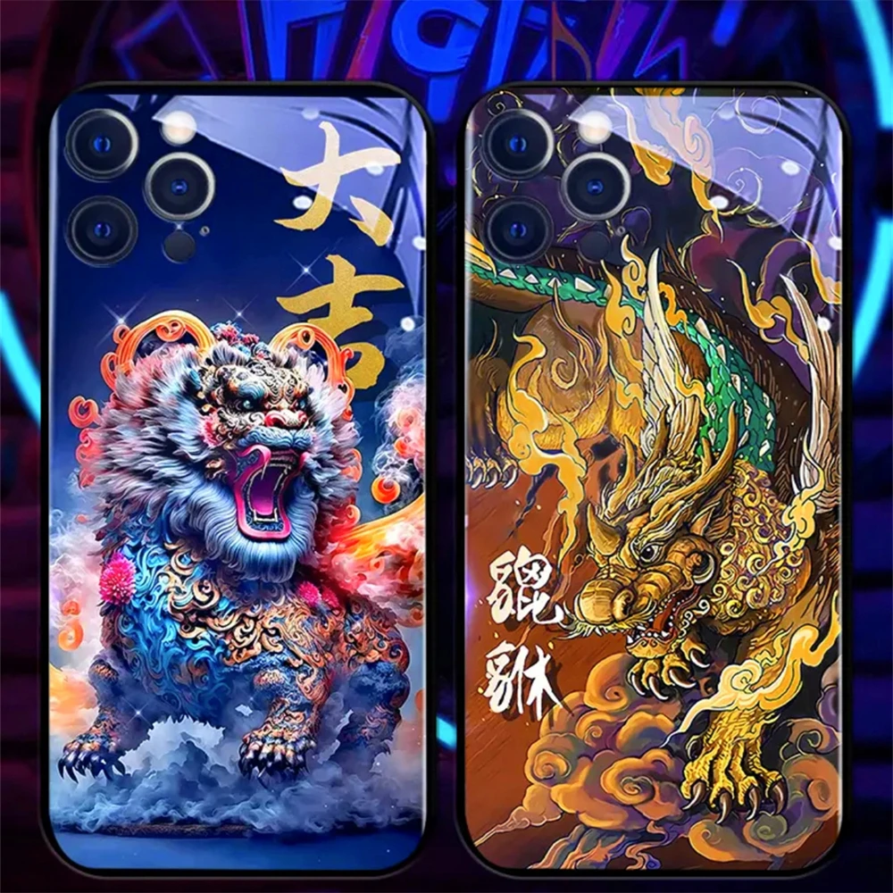 Water Dragon King Sound Control LED Flash Cases Luminous Glass Cover For iPhone Air 17 16 E 15 14 13 12 11 Pro Max XR XS Plus