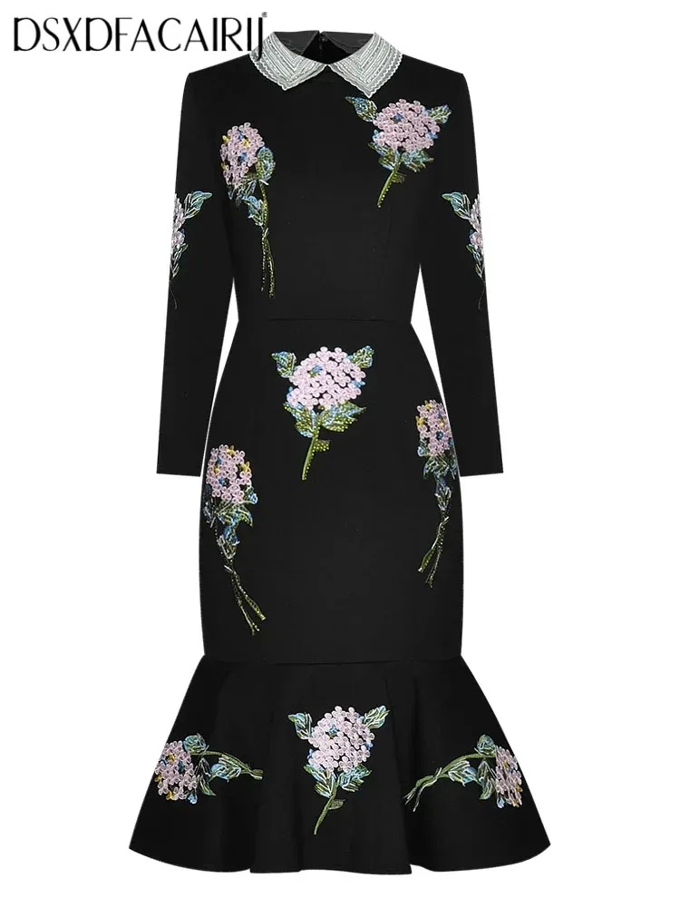 

DSXDFACAIRIJ Women's Vintage Black Mermaid Dress with Turn-down Collar Long Sleeves Floral Embroidery Slim Fit Spring Fashion