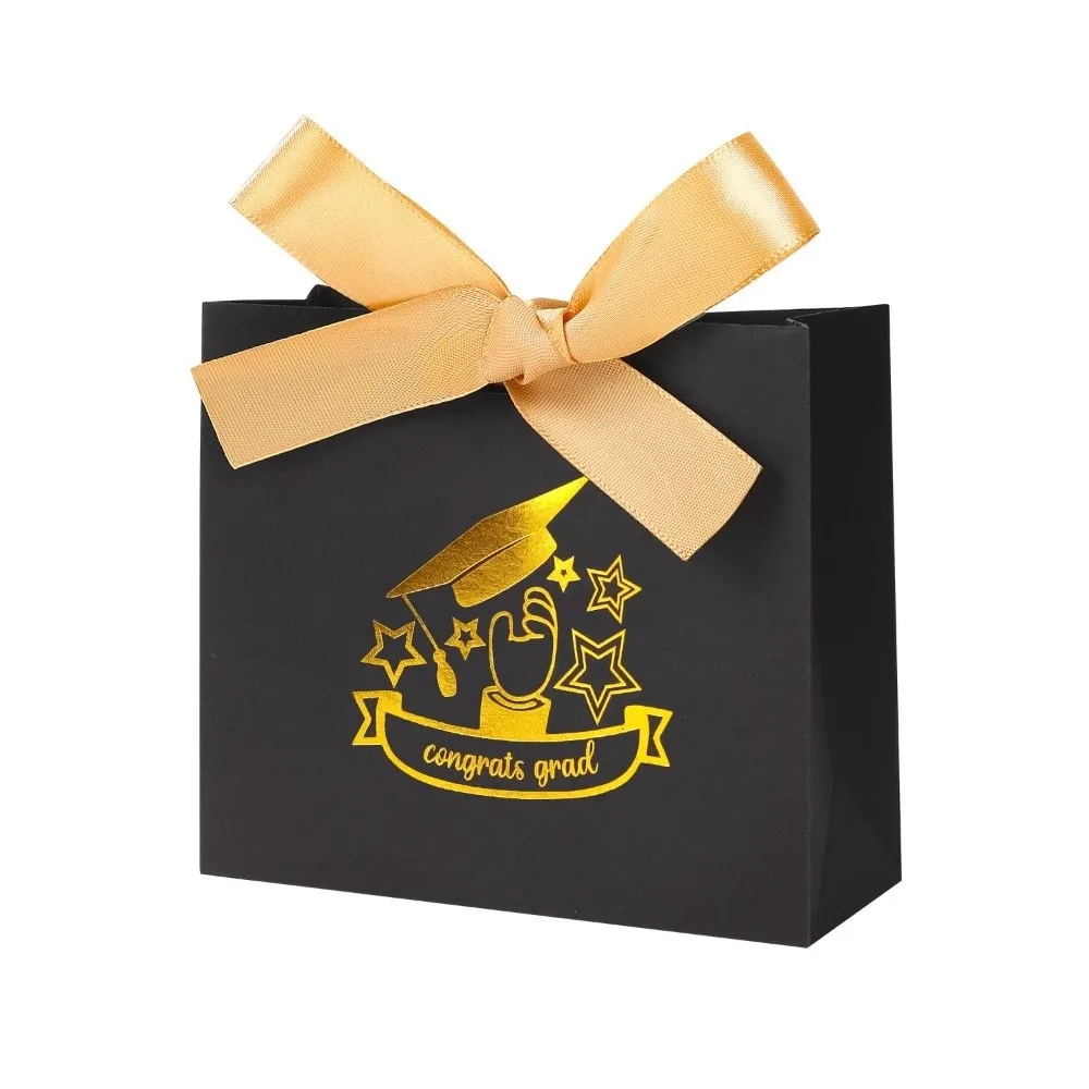 

10Pcs Foldable Graduation Favor Bags Black Gilded Pattern Graduation Candy Box Paper with Ribbon Folding Paper Pouches