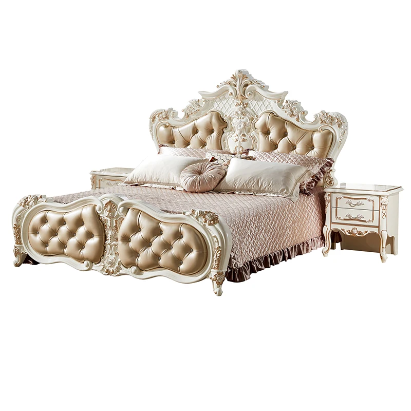 Luxury Bedroom Furniture King Size Hand Carving Double Bed With Side Table