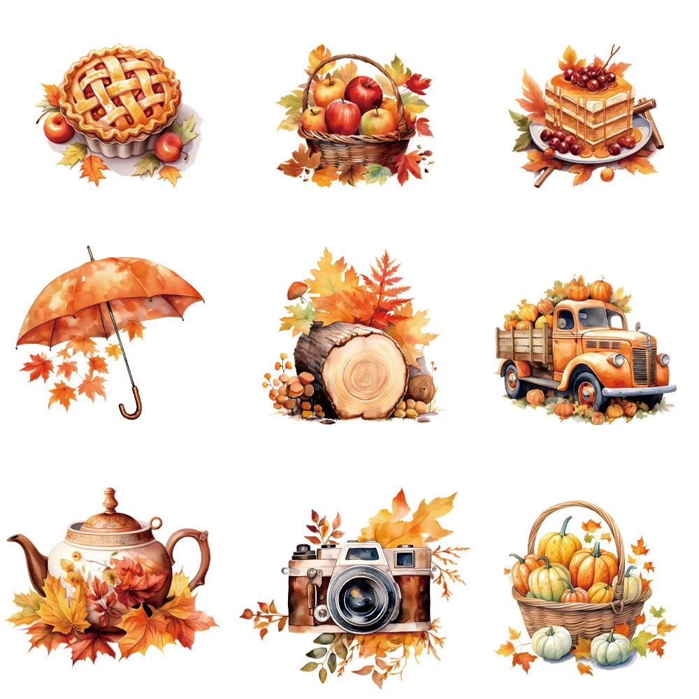 9 piece Autumn Camping Cartoon Patch Hot Press for Clothing DIY T-shirt Stickers