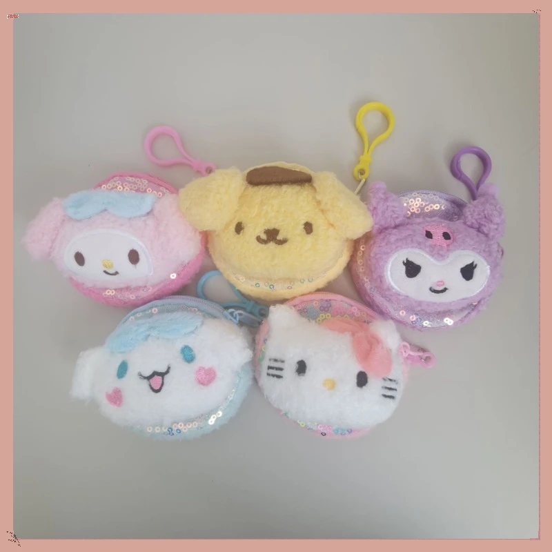 

New Cartoon San Liou Mei Le Di Zero Wallet Jade Gui Dog Kuromi Pudding Dog Change Sequin Small Round Bag Doll Keychain Hang Gift