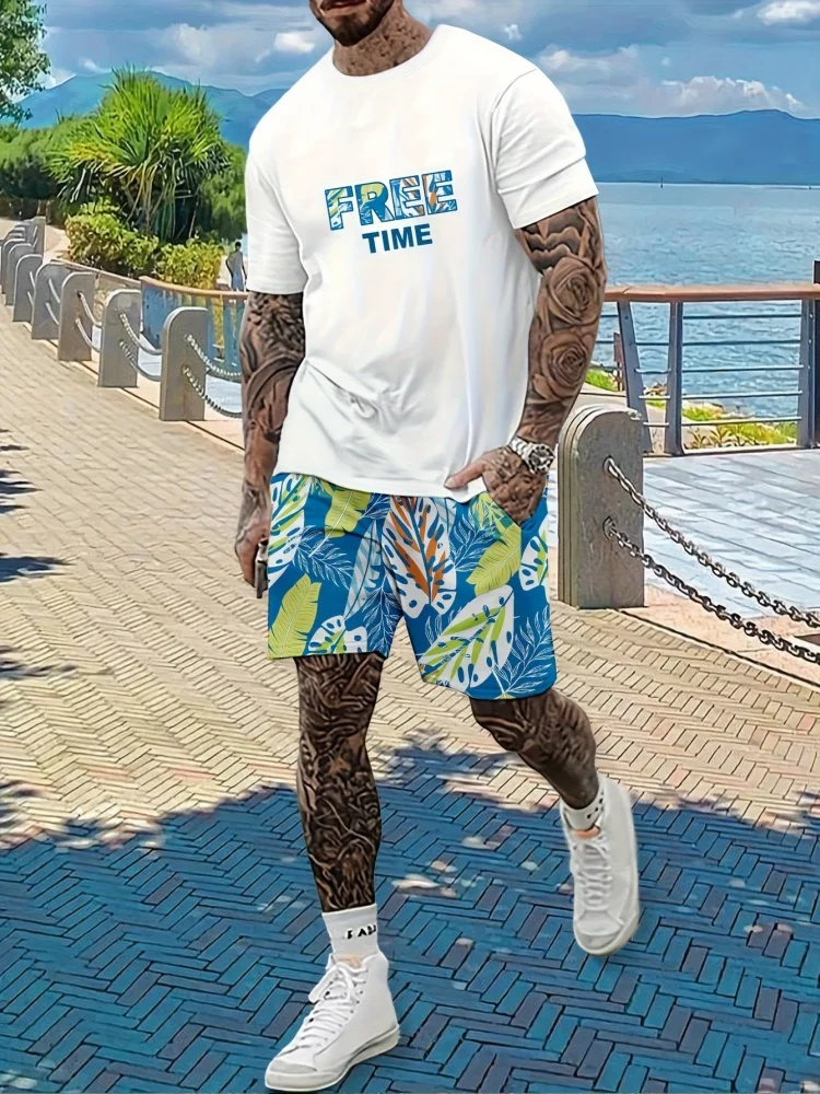 Hawaiian Style Printed Men's T-shirt Shorts Set Summer Casual Everyday Men's Short Sleeve Top Outdoor Vacation Men's Beach Short