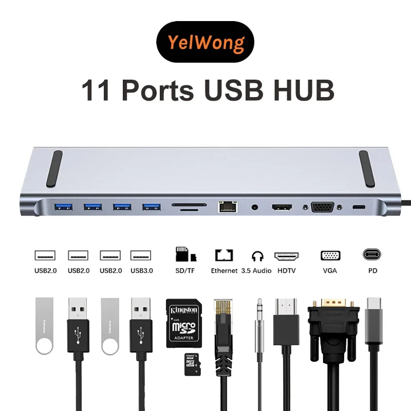 

11/12-в-1 док-станция типа C USB C Hub 3.0 Разветвитель Многопортовый адаптер 4K RJ45 SD/TF VGA HDMI-совместимый ноутбук MacBook iPad xiaomi