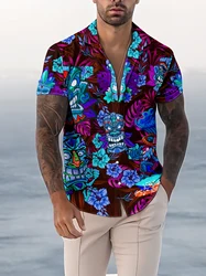 Fashionable European Size Summer Palm Leaf Totem Mask 3D Printed Hawaiian Beach Leisure Party Street Men's Short sleeved Shirt