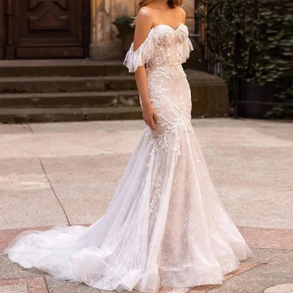 2024 Vestido De Novia De sirena blanco Sexy con hombros descubiertos apliques De encaje De tul Vestido largo De Novia Vestido De Novia Encaje