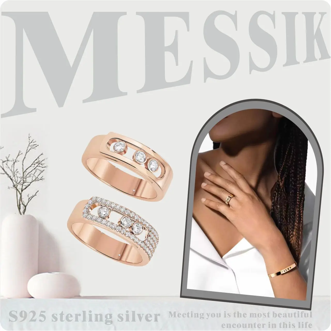 Anillo de bodas MESSIK de pareja de moda de plata S925, anillo clásico MOVE NOA de tres diamantes, alta calidad 1; 1 joyería de lujo