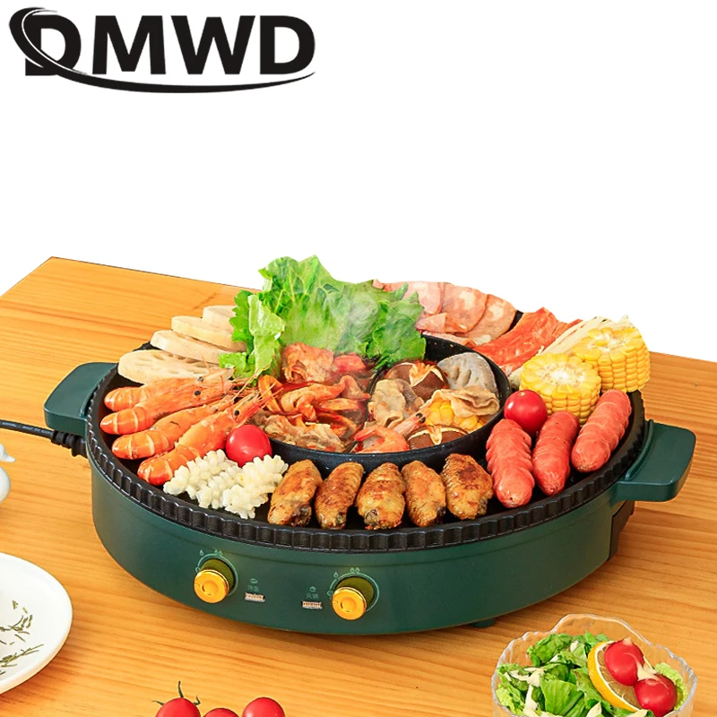 DMWD Electric Hot Pot Home Multi-function All-In-One Barbecue Machine Grill Shabu Frying Pan Smokeless Roasting Hotpot