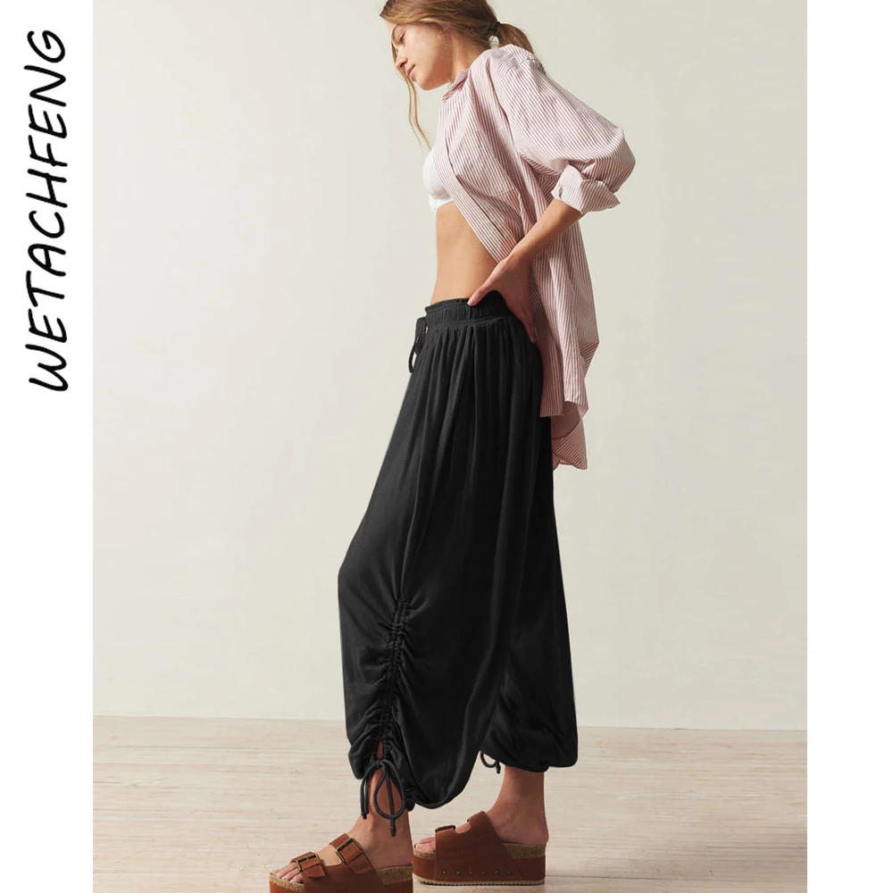 Black Drawstring Lace Up Lantern Cargo Pants Women's Clothing 2024 Summer Loose Hip Hop Y2k Streetwear Sweatpants Baggy Trousers