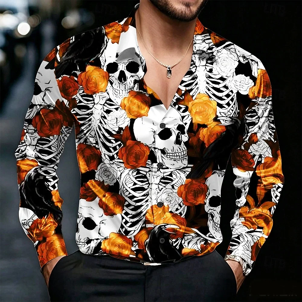 New Men's High-definition Skull Print Shirt, Long Sleeved Lapel Button Up Party Shirt, High-quality Satin Shirt for Street Men