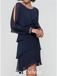 A-Line Elegant Holiday Cocktail Party Dress Jewel Neck Long Sleeve Short / Mini Chiffon with Beading Cascading Ruffles