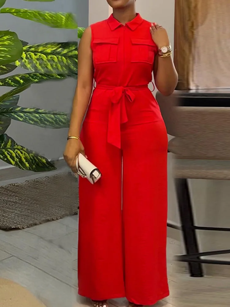 

Solid Sleeveless Turn Down Collar Pocket Decor Wide Leg Women Jumpsuit with Sashes