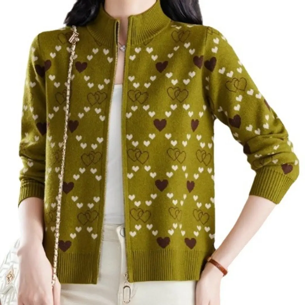

Women's Cashmere Knitted Cardigan Zipper Half-Turtleneck Jacquard Sweater Jacket Spring Autumn New Middle-aged Style