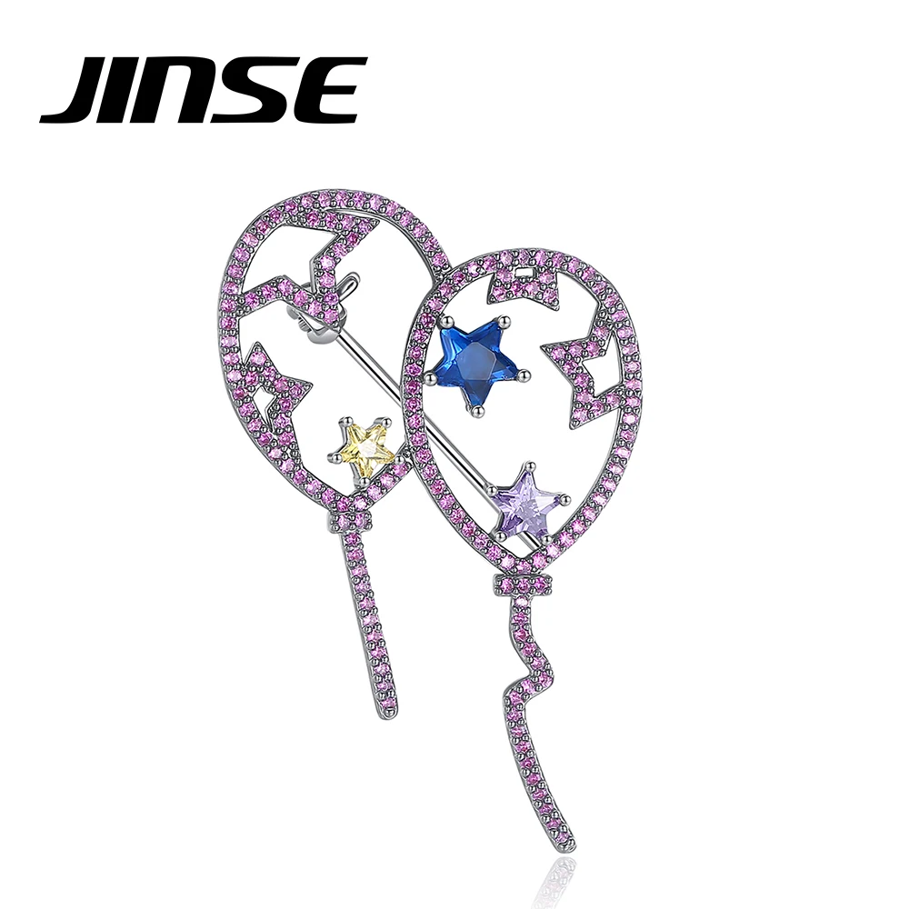 JINSE Cute Pruple Cubic Zirconia Rainbow Hot Air Balloon Pin Dress Brooches for Women Back To School Metal Pins for Backpack