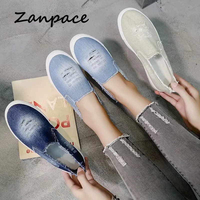 Flat Shoes Women Denim Loafers Big Size Womens Shoes Casual Spring Ladies Platform Shoes Slip-On Canvas Shoes Zapatos De Mujer