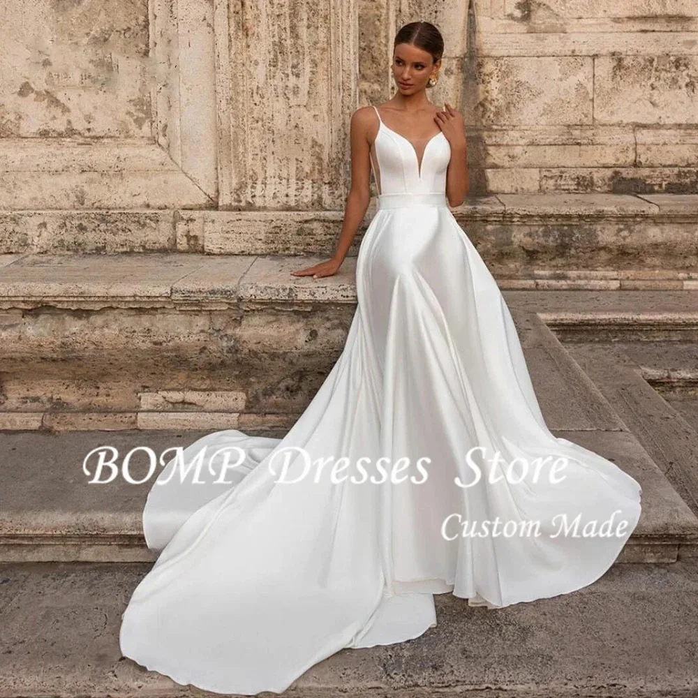 BOMP-Vestidos de Novia de corte en A, tirantes finos de satén personalizados, Vestidos de Novia sexys con espalda descubierta, cola de barrido, Vestidos de Novias Boda 2025