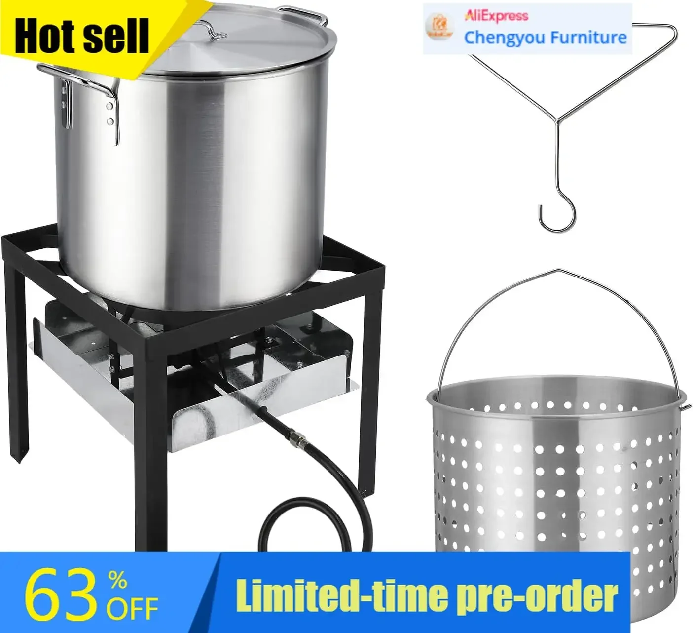60Qt Turkey Fryer Propane Stove Aluminum Seafood Crawfish Boiler Steamer Deep Fryer Basket Regulator Lifting Hook Outdoor Cookin