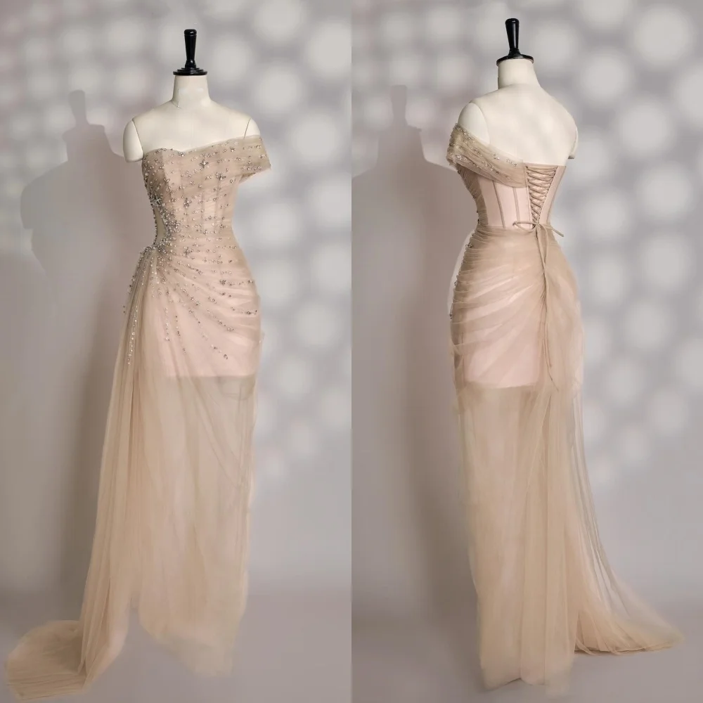 

Customized Elegant Net Pleat Sequined A-line One-shoulder Long Dresses Bespoke Occasion Elegant Chinese Style