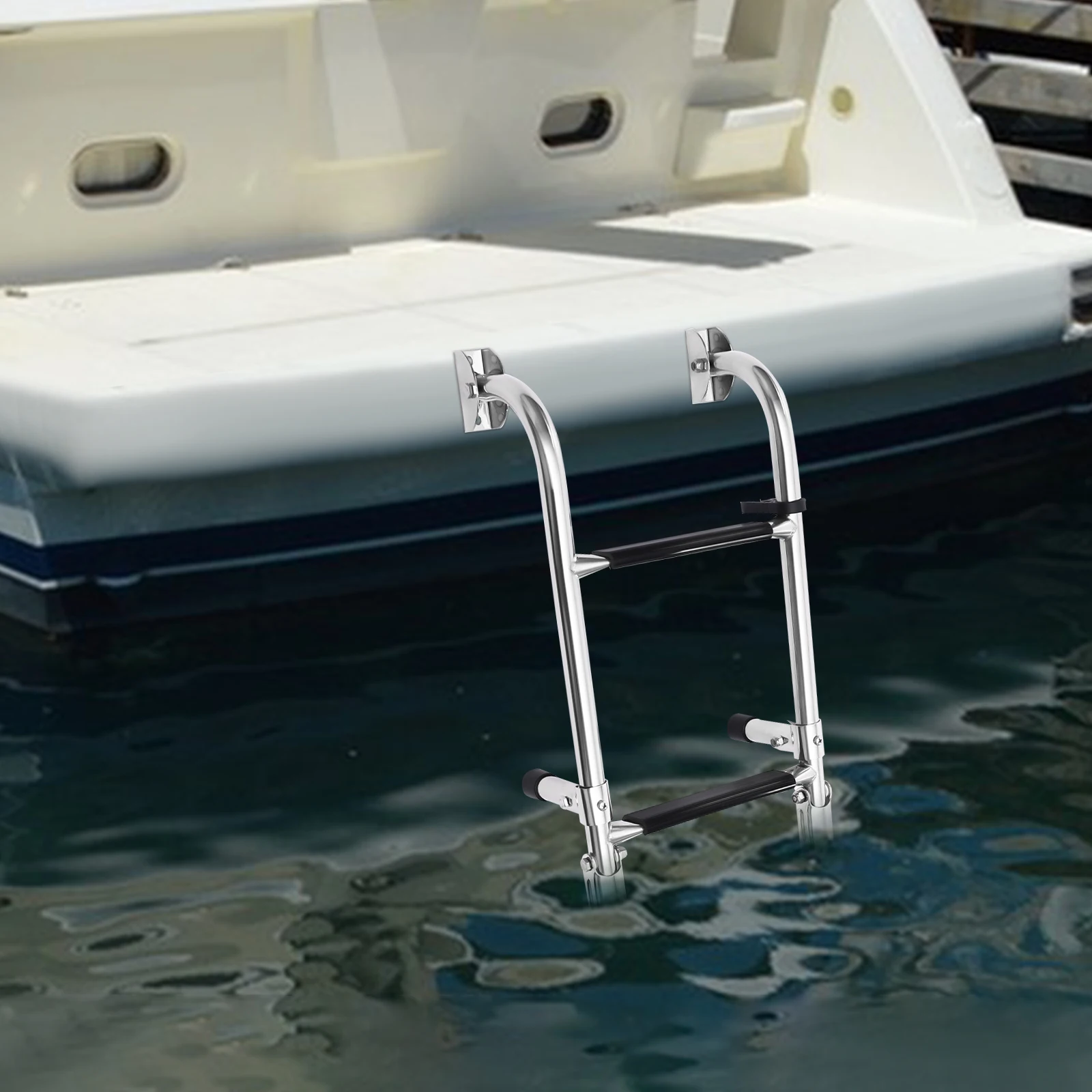 Folding Marine Boat Step Ladder with C-clamp, Portable, Space-saving, 2+2 PVC-covered Drop Ladder for Yacht