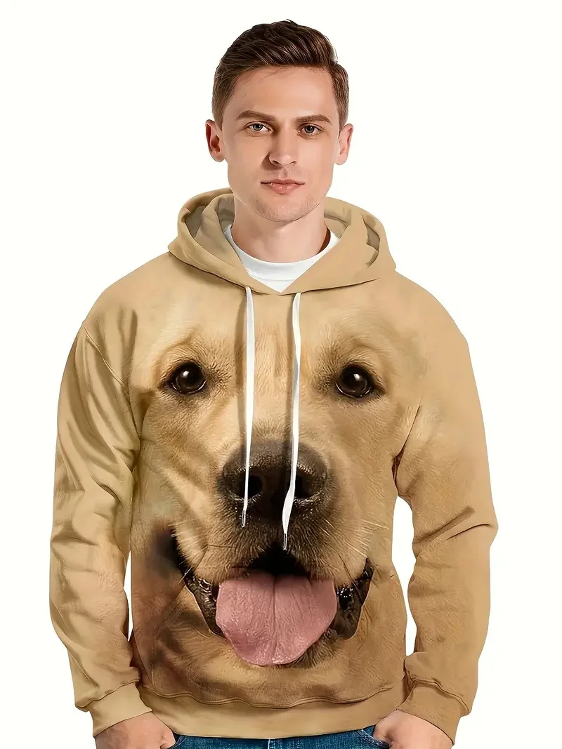 3D dog printed men's long sleeved kangaroo pocket casual hooded sweatshirt, men's hooded casual daily sports top