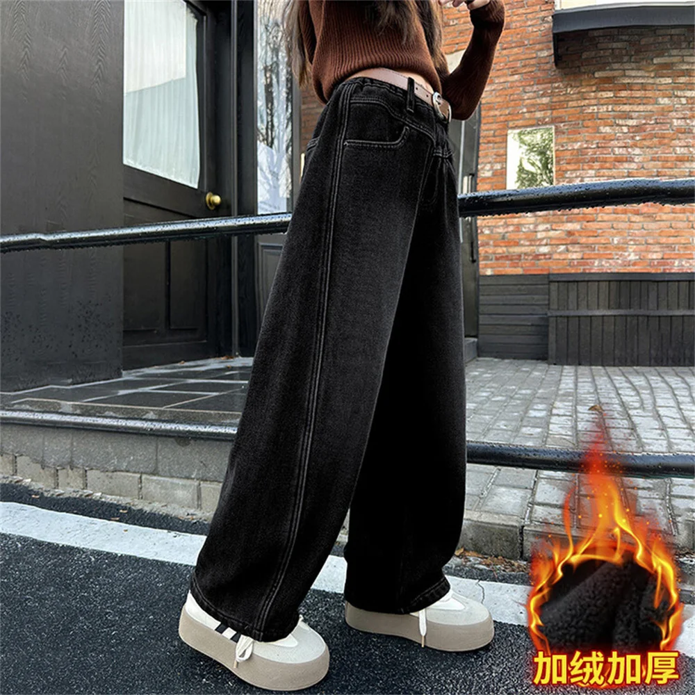 023 Korean Fashionable Bent Knife Jeans Winter Warm Thick Girls\' Jeans Children\'s Wide Leg Pants Kid Pants