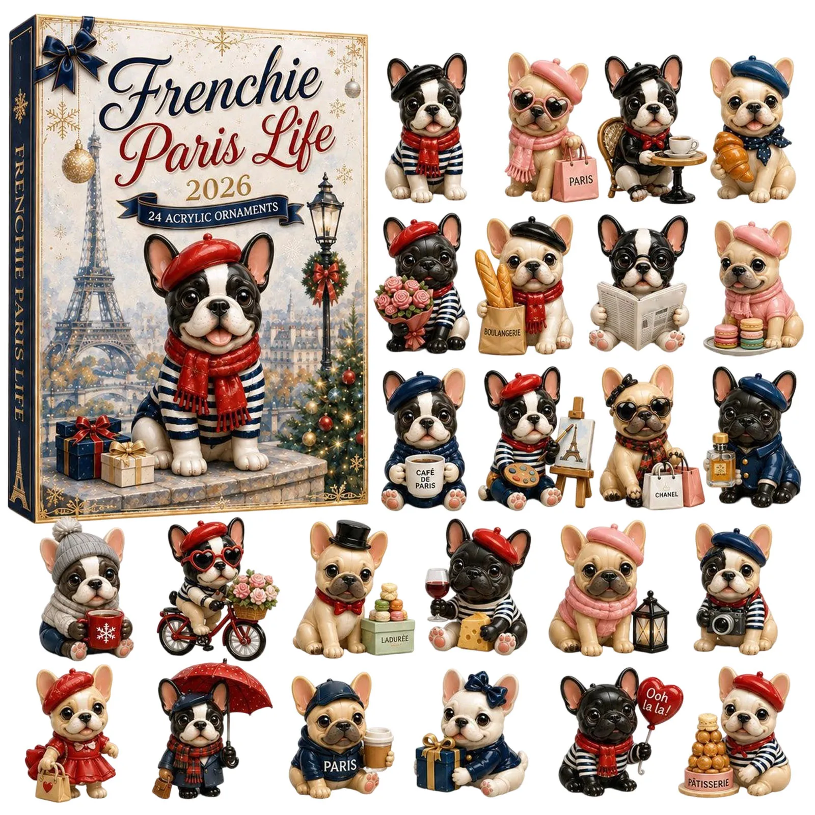 Kalendarz Adwentowy Frenchie Paris Life 2026 – 24 dni pełnych niespodzianek, kolekcjonerskie mini pudełko z tajemniczymi prezentami, idealny jako prezent do odliczania dni do Świąt Bożego Narodzenia.