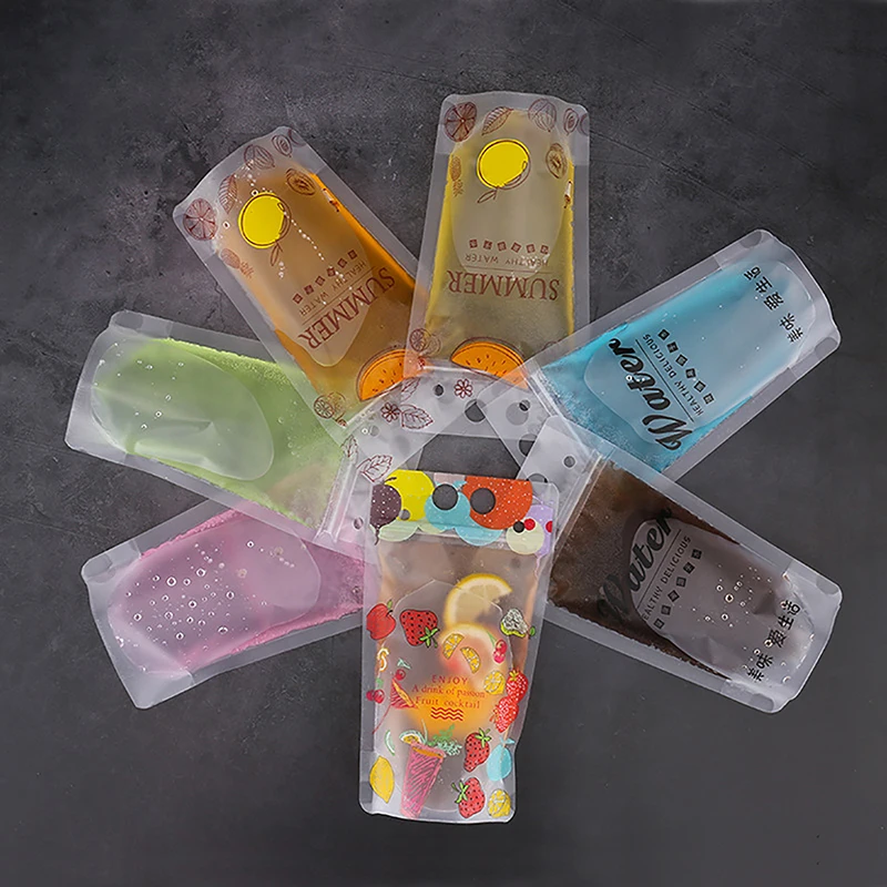 10Pcs Bags + 10Pcs Straw 500ml Frosted Plastic Drinking Beverage Bag Party Wedding Fruit Juice Milk Tea Portable Pouches