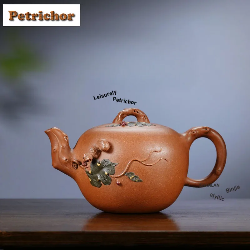 

380 мл высококачественные чайники из фиолетовой глины Исин, знаменитый мастер, горшок ручной работы с белкой и виноградом, чайник из необработанной руды, грязевой чайник, чайный сервиз Zisha