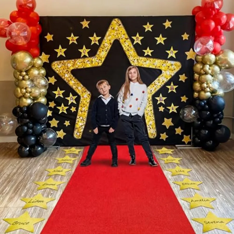 

Red Carpet Runner Backdrop 23ft Graduation Aisle Runner with Large Star Backdrop and 24 Star Paper Cutouts for Graduation Cerem
