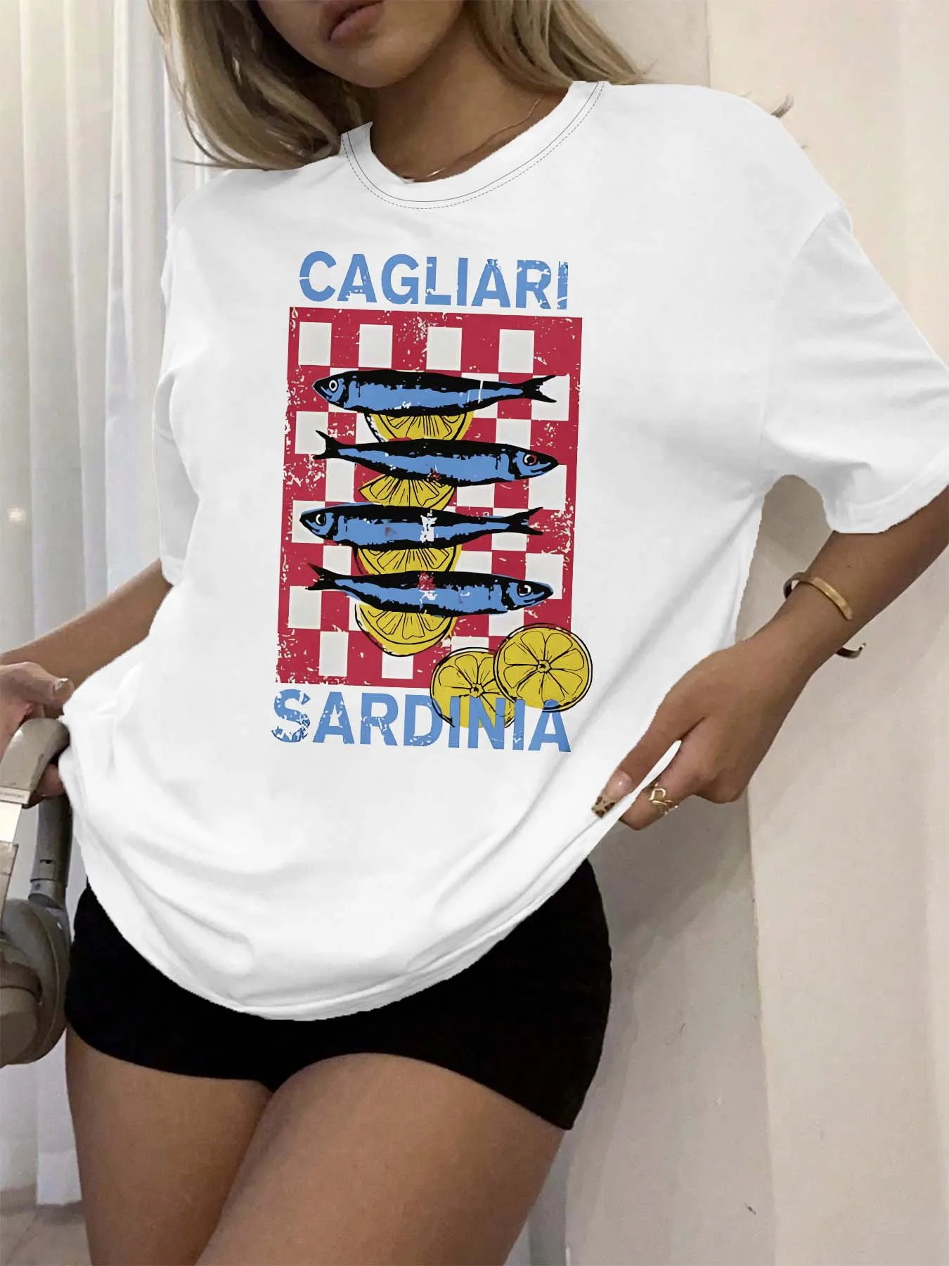 Camiseta con estampado a cuadros de Cagliari Sardinia Fish and Lemon, ropa de calle de verano, camisetas gráficas, ropa de mujer, Top Y2K