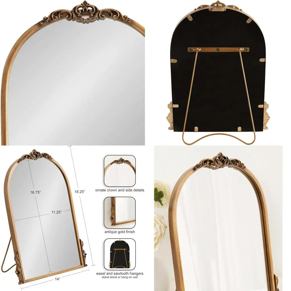Vintage 14x19 Arched Tabletop Mirror with Gold Frame and Ornate Garland Detailing