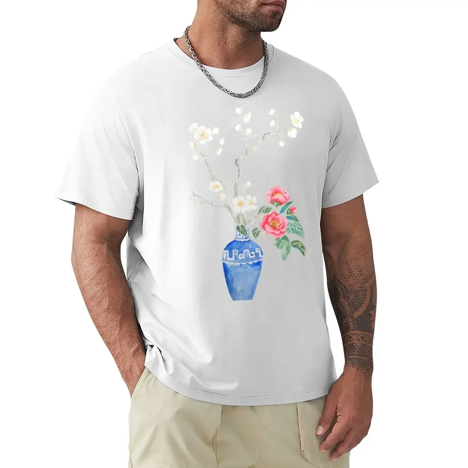 red camellia flower white plum flower in a blue vase T-Shirt vintage summer tops t shirts for men Short Sleeve Round Collar 2024