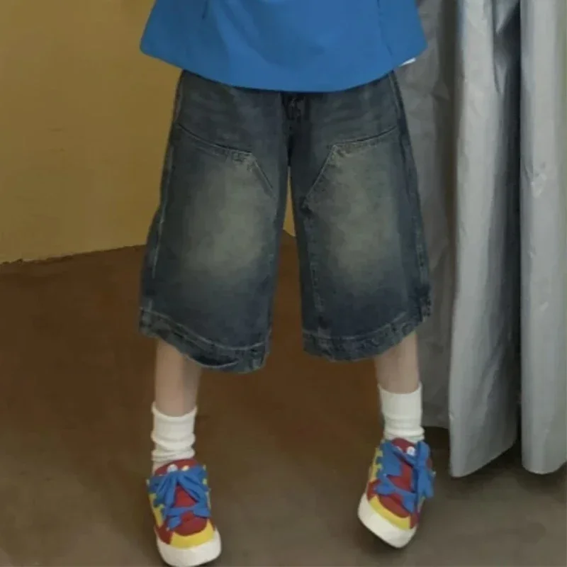 

Y2K винтажные мешковатые джинсовые шорты, женские потертые широкие капри, повседневные джинсы-бочонки, джинсовые шорты, мужские джинсовые шорты большого размера
