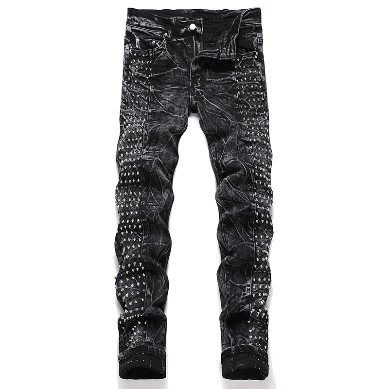 Black Stitching Multi-rivet Men's Jeans, High Street Ripped Trendy Pants, Fashion Stretch Streetwear, Spring Autumn