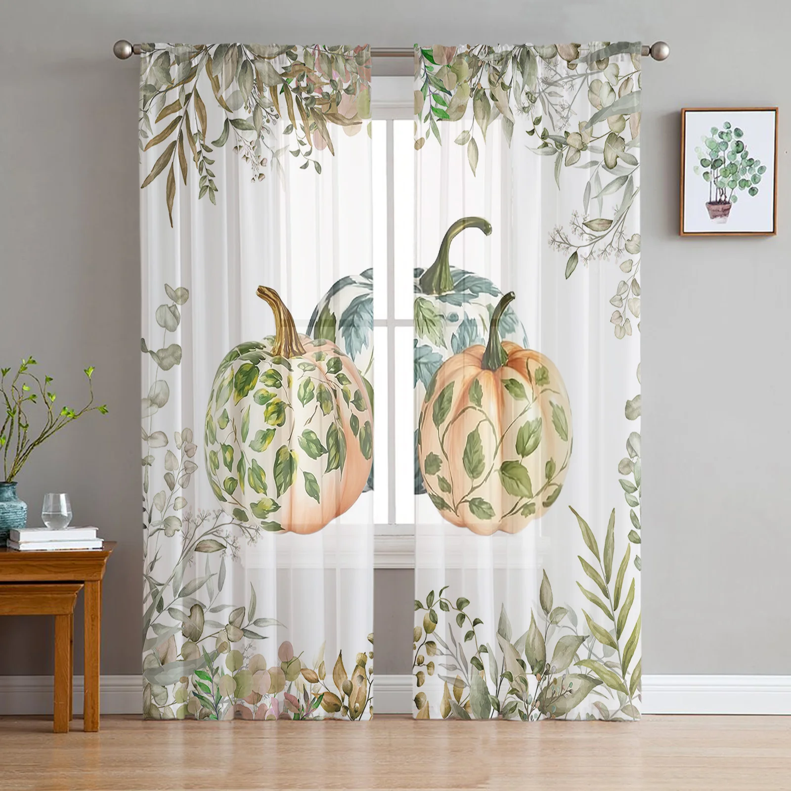 Pumpkin Hand Painted Gradient Autumn Sheer Curtains For Living Room Tulle Window Curtain Bedroom Kitchen Veil Drapes