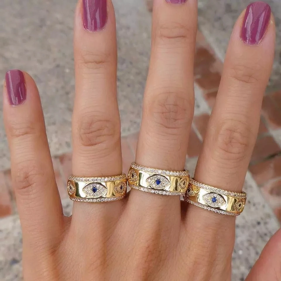 2026 High Quality Gold Color Evil Eye CZ Band Wide Engagement Ring For Women Dainty Fashion Stacking Stack Midi Finger Jewelry