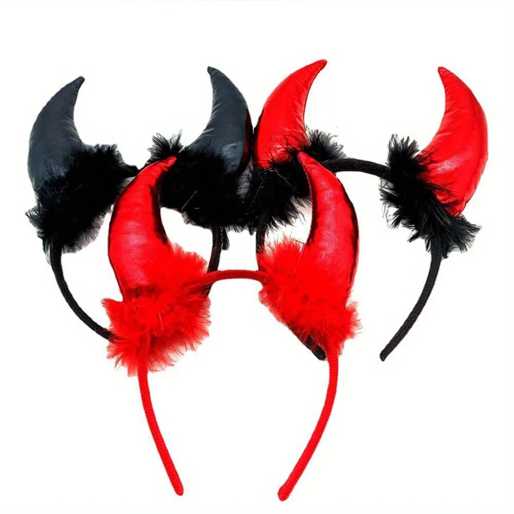 A Halloween costume accessory Pie diagonal headdress set with a red rhinestone devil horn headband for a Halloween rave party