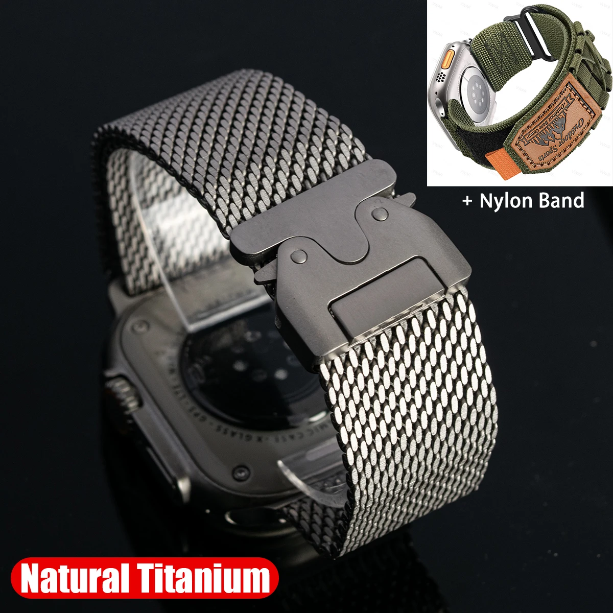 Titanium band voor Apple Watch Ultra 4/3/2 49 mm, iWatch Series 12, 11, 10, 9, 8, natuurlijke titanium Milanese band, parachutegesp.